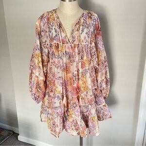 Olivaceous floral tiered long sleeve boho cotton short dress size S